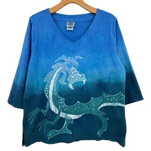 Grebe Batik Blue Green Dragon Graphic V-Neck Tunic Top Size L
